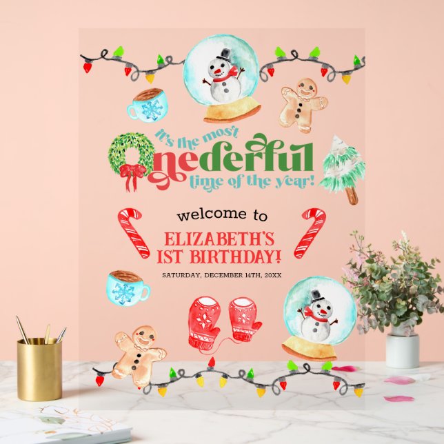 Cute Christmas Most ONEDERFUL First Birthday Acrylic Sign (Wedding)