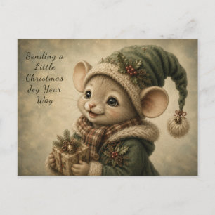 Cute Christmas Mouse Holding a Gift Holiday Card