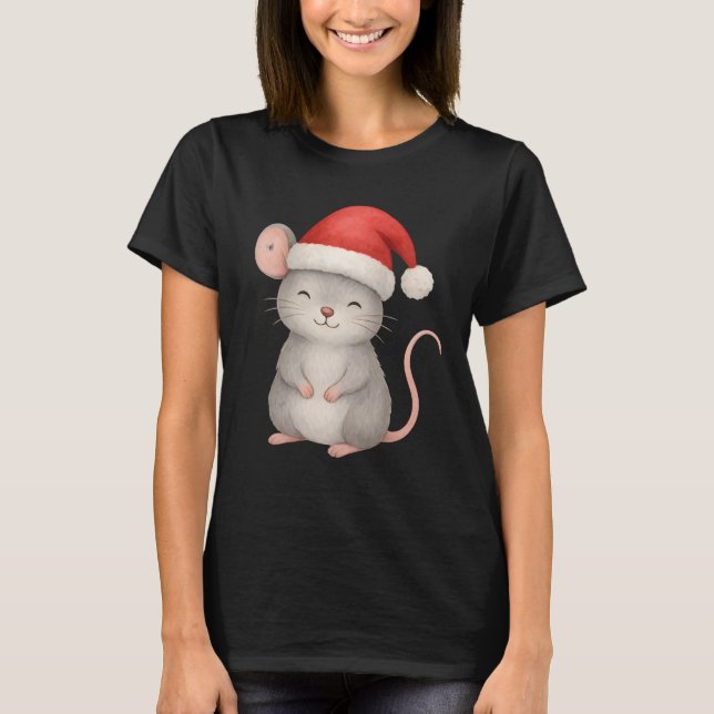 Cute Christmas Mouse in Santa Hat T-Shirt (Front)