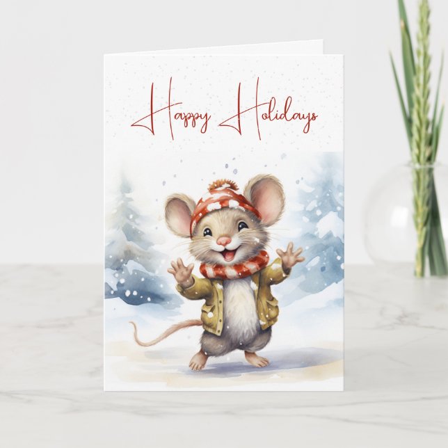 Cute Christmas Mouse In Snowflakes Card (Front)