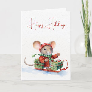 Cute Christmas Mouse On A Sled Card