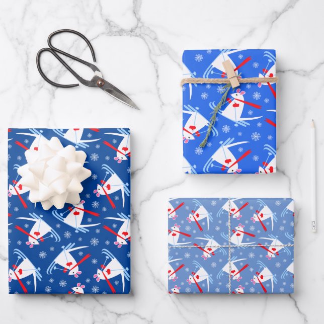 Cute Christmas Mouse on Skis Blue and White Wrapping Paper Sheet (Front)