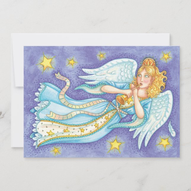 Cute Christmas, Musician Angel Playing Her Horn Holiday Card (Front)