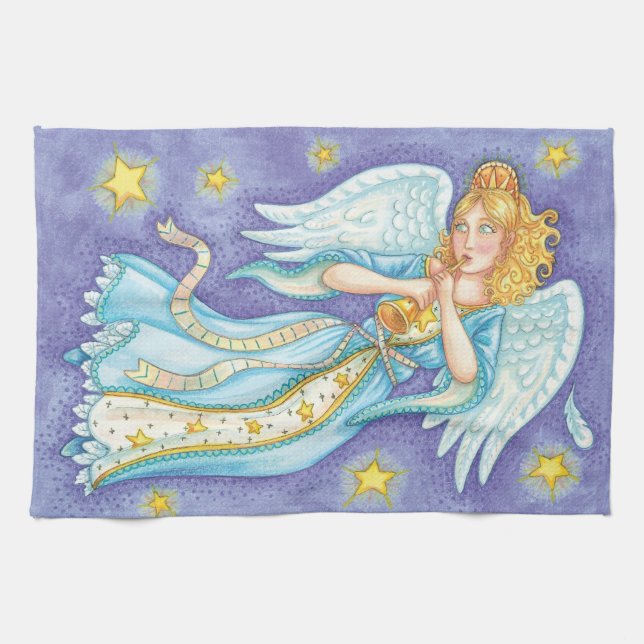 Cute Christmas, Musician Angel Playing Her Horn Kitchen Towel (Horizontal)