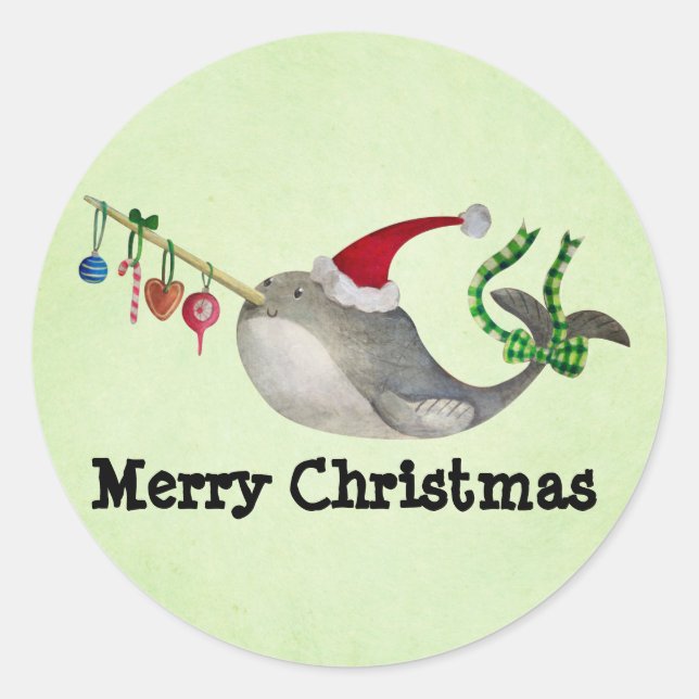 Cute Christmas Narwhal Classic Round Sticker (Front)