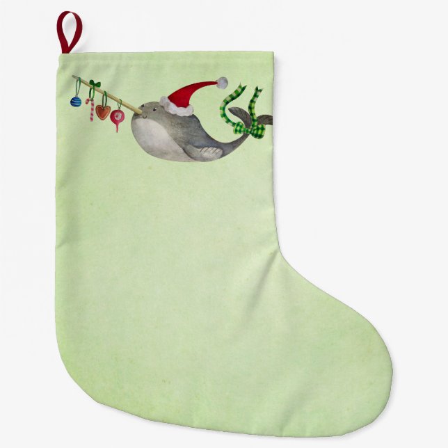 Cute Christmas Narwhal Large Christmas Stocking (Front)