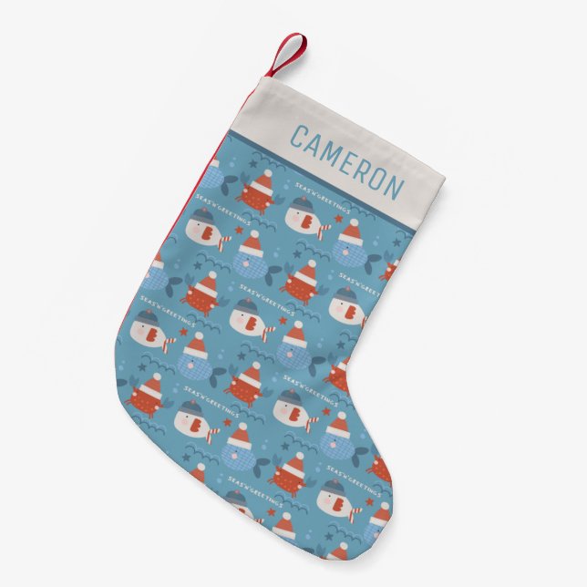 Cute Christmas Ocean Animals Blue Personalized Small Christmas Stocking (Front (Hanging))