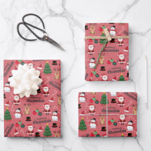 Cute Christmas On Dark Pink Wrapping Paper Sheet