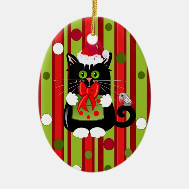 Cute Christmas ornament with cat and robin (Front)
