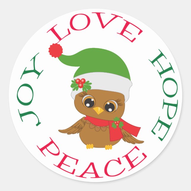 Cute Christmas Owl Hope Joy Love Classic Round Sticker (Front)