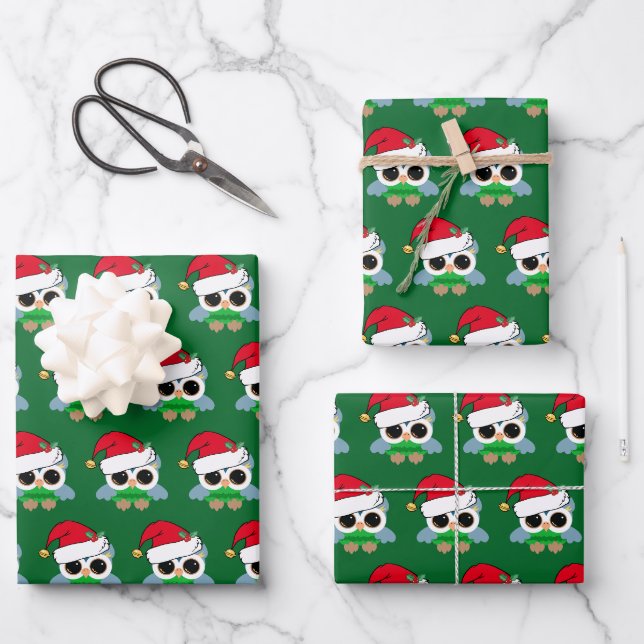 Cute Christmas Owl in Santa Hat Green Kids Wrapping Paper Sheet (Front)