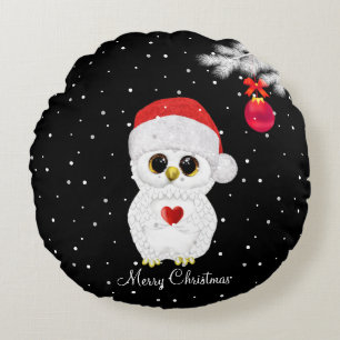 Cute Christmas Owl on Black Round Pillow