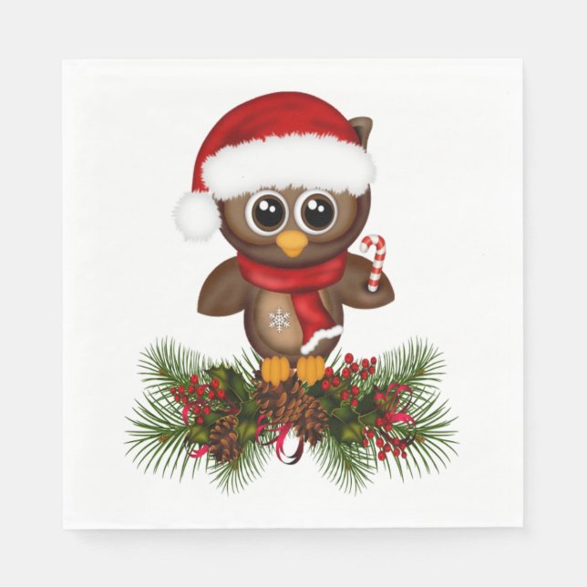Cute Christmas Owl On Pine Branch Paper Napkins (Front)