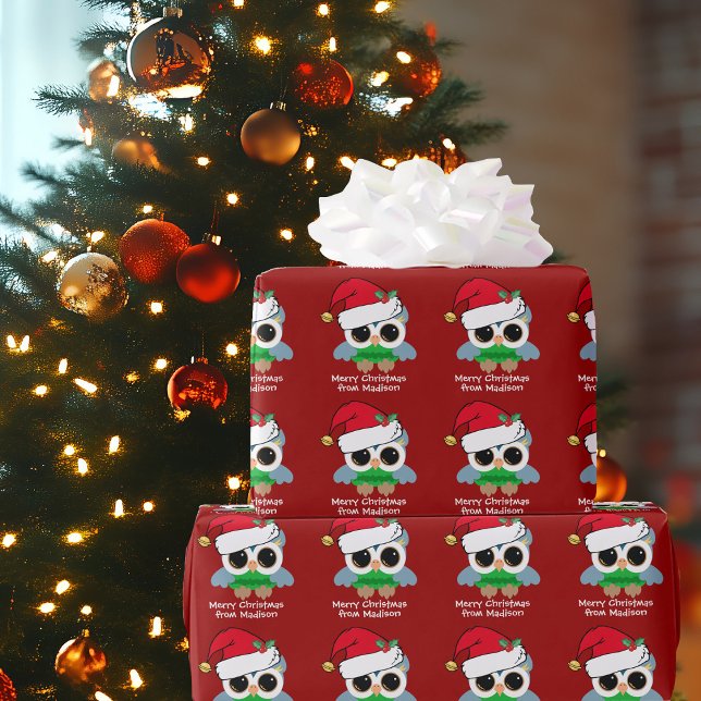 Cute Christmas Owl Personalized Red Kids Holiday Wrapping Paper (Creator Uploaded)