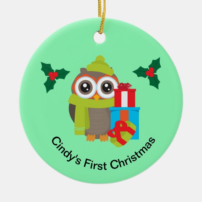 Cute Christmas Owl Reindeer Ceramic Ornament (Front)