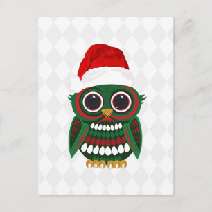 Cute Christmas Owl White Grey Diamond Holiday Postcard