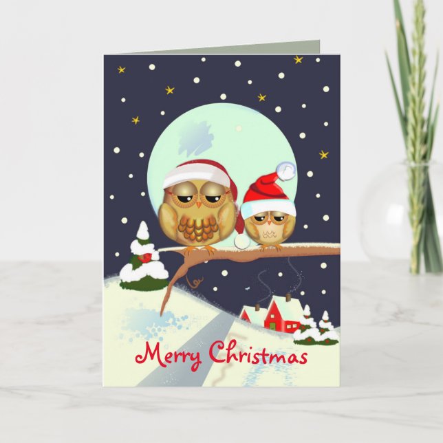 Cute Christmas owls with Santa hats & custom text Holiday Card (Front)