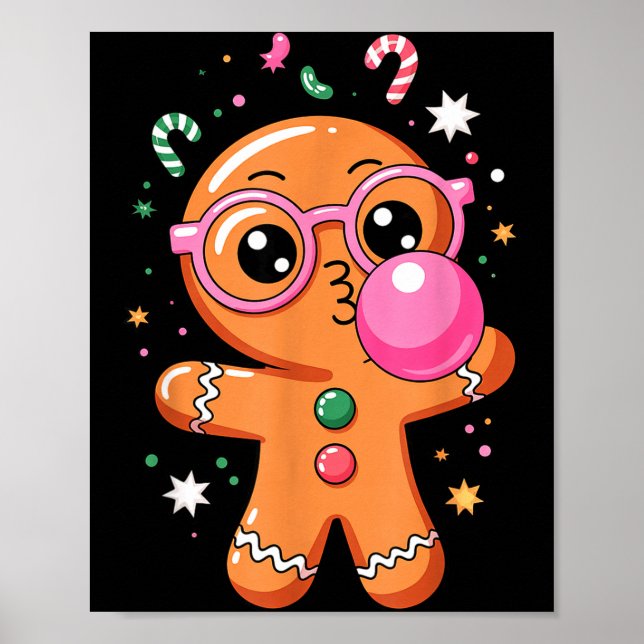 Cute Christmas Pajama Gingerbread Blowing Bubble G Poster (Front)
