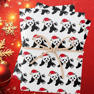 Cute Christmas Panda Bear in Santa Hat Kids Wrapping Paper Sheet
