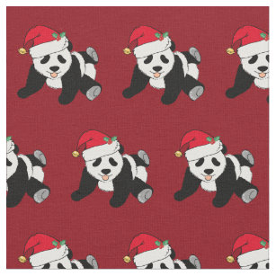Cute Christmas Panda in Santa Hat Red Holiday Fabric