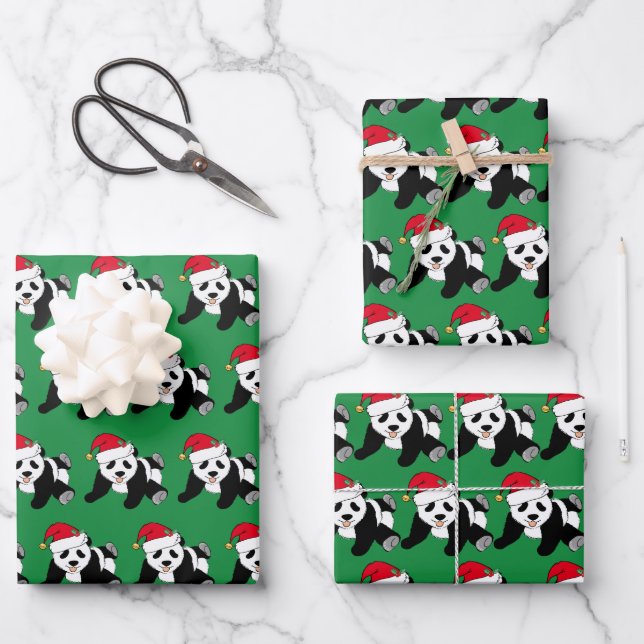 Cute Christmas Panda Kids Wrapping Paper Sheet (Front)