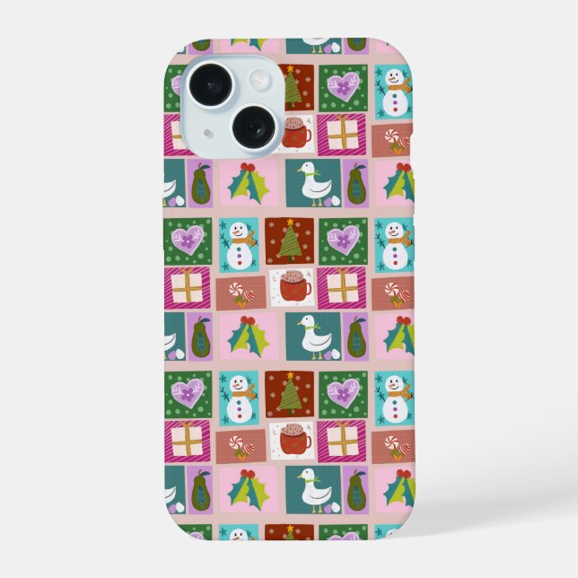 Cute Christmas Patchwork Pattern iPhone 15 Case (Back)