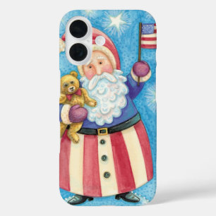 Cute Christmas, Patriotic Santa Claus with Flag iPhone 16 Case