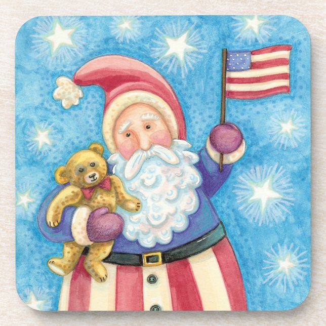 Cute Christmas, Patriotic Santa Claus with Flag Coaster (Front)