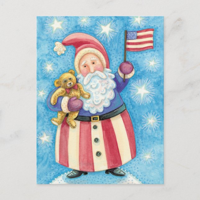 Cute Christmas, Patriotic Santa Claus with Flag Holiday Postcard (Front)