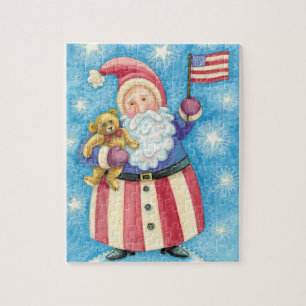 Cute Christmas, Patriotic Santa Claus with Flag Jigsaw Puzzle