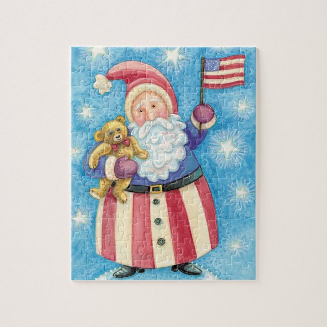 Cute Christmas, Patriotic Santa Claus with Flag Jigsaw Puzzle (Vertical)