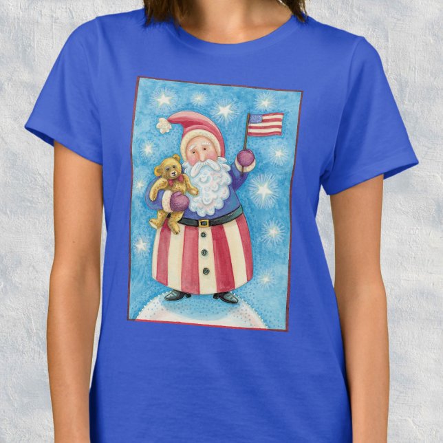 Cute Christmas, Patriotic Santa Claus with Flag T-Shirt (Creator Uploaded)