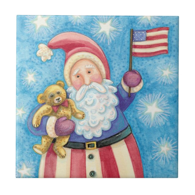 Cute Christmas, Patriotic Santa Claus with Flag Tile (Front)