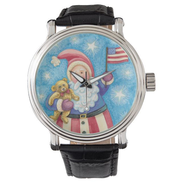 Cute Christmas, Patriotic Santa Claus with Flag Watch (Front)