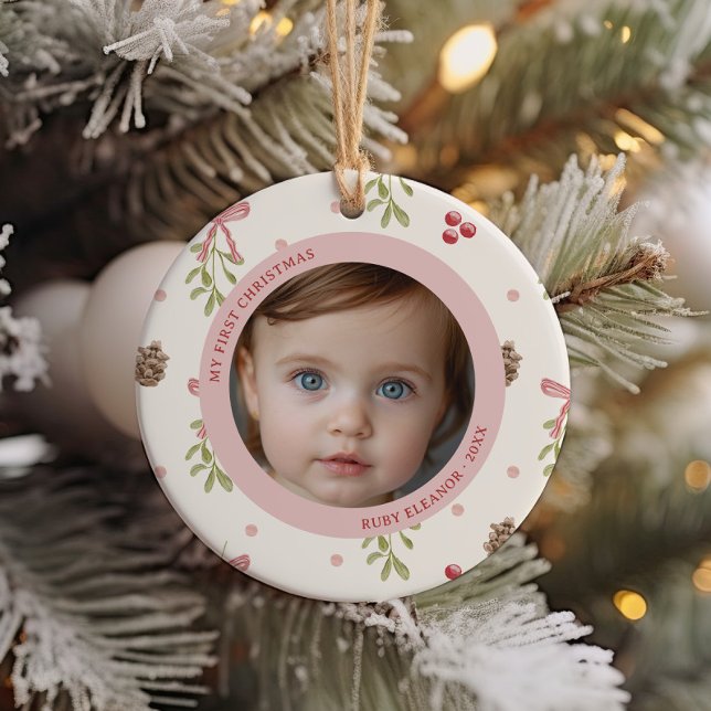 Cute Christmas Pattern First Christmas Photo Ceramic Ornament (Creator Uploaded)