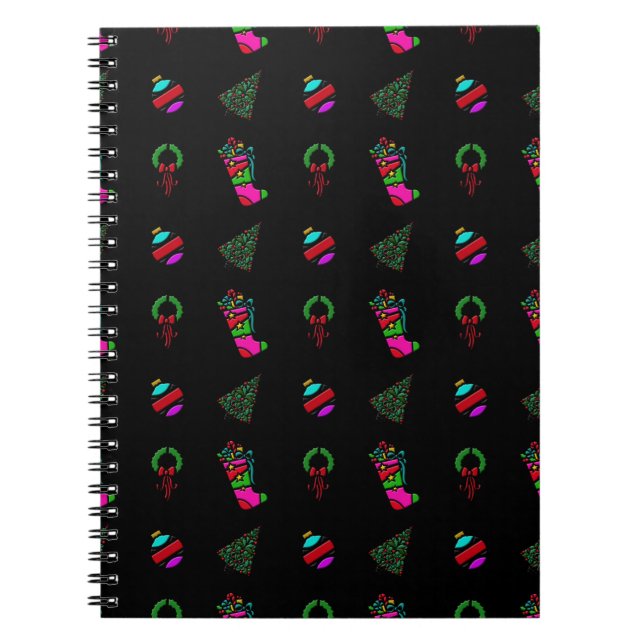 Cute Christmas Pattern on Black Background Notebook (Front)