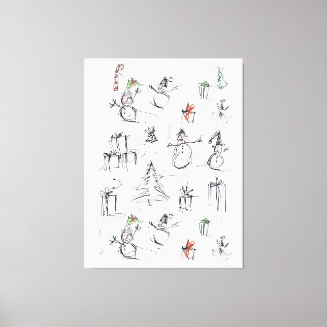 Cute Christmas Pattern with Snowman, Tree, and Gif Canvas Print (Front)