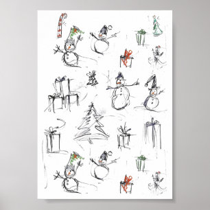 Cute Christmas Pattern with Snowman, Tree, and Gif Poster
