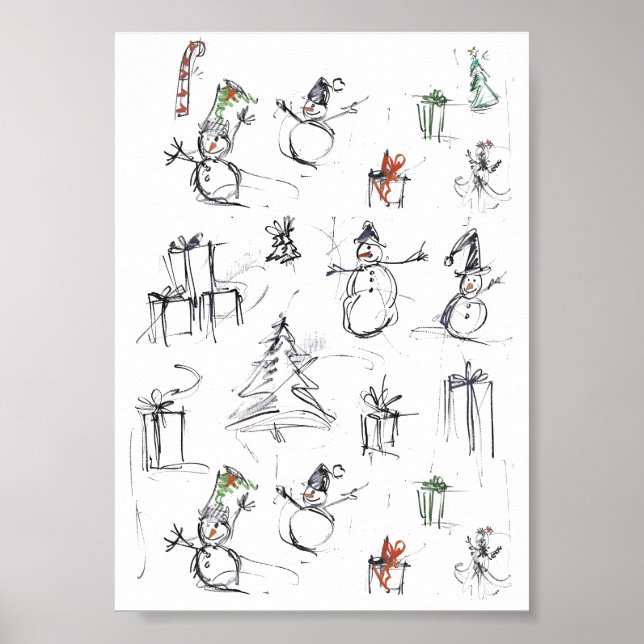 Cute Christmas Pattern with Snowman, Tree, and Gif Poster (Front)