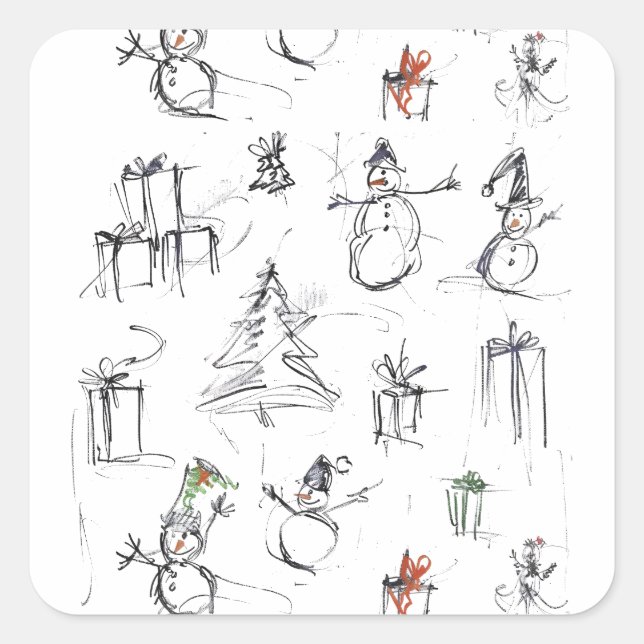 Cute Christmas Pattern with Snowman, Tree, and Gif Square Sticker (Front)