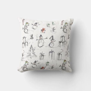 Cute Christmas Pattern with Snowman, Tree, and Gif Throw Pillow