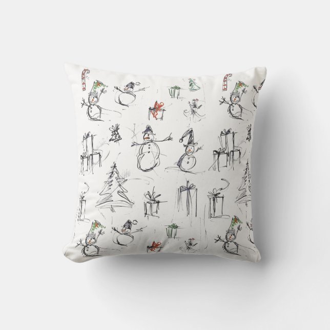Cute Christmas Pattern with Snowman, Tree, and Gif Throw Pillow (Front)