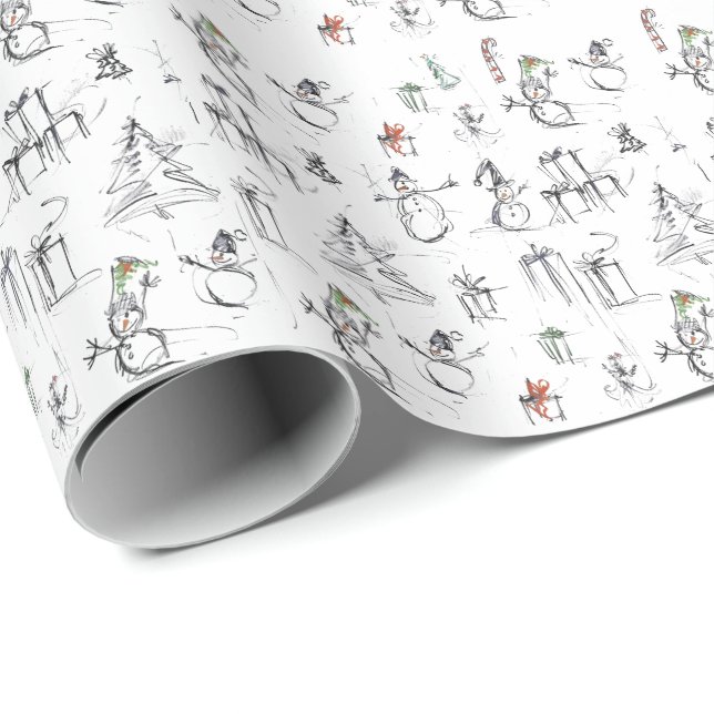 Cute Christmas Pattern with Snowman, Tree, and Gif Wrapping Paper (Roll Corner)