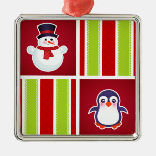Cute Christmas Pattern With Snowmen And Penguins Metal Ornament