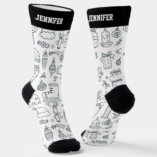 Cute Christmas Pattern Xmas Holiday Doodle Socks (Angled)