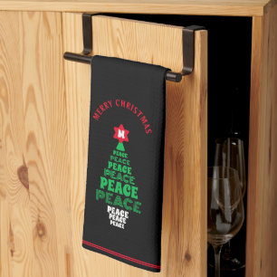Cute Christmas Peace Tree Custom Initial black Kitchen Towel