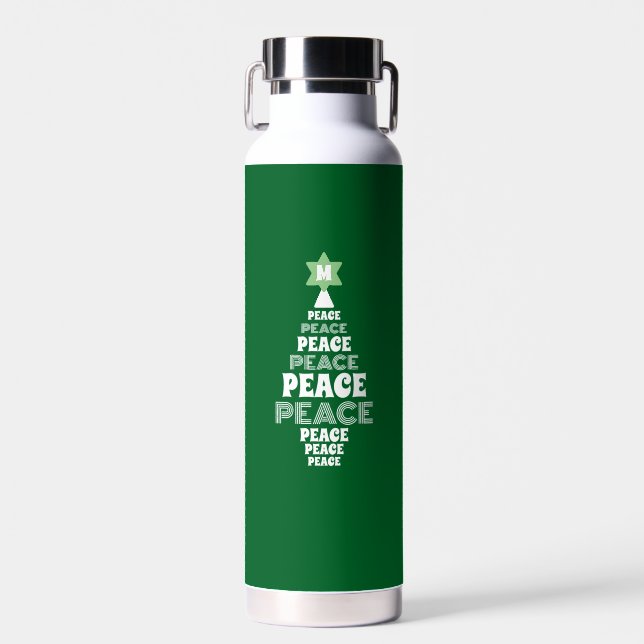 Cute Christmas Peace Tree Custom Initial Green Water Bottle (Front)