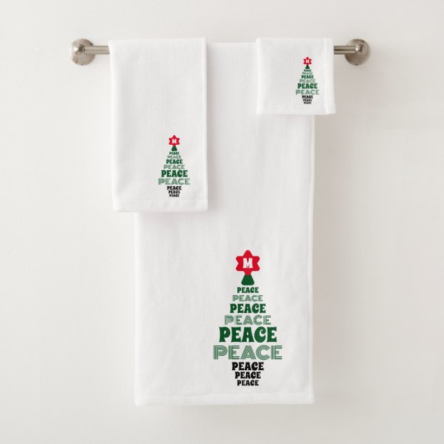 Cute Christmas Peace Tree Custom Initial White Bath Towel Set (Insitu)
