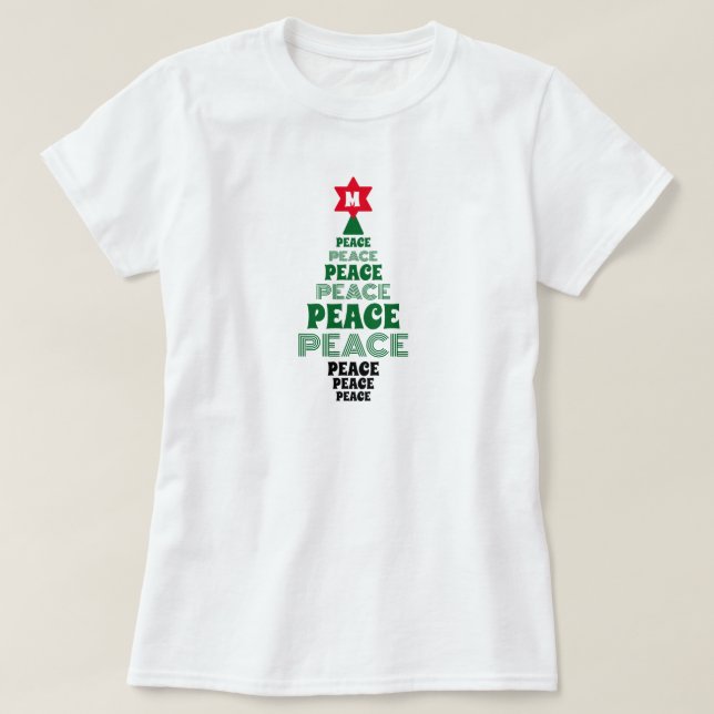Cute Christmas Peace Tree Custom Initial White Fun T-Shirt (Design Front)