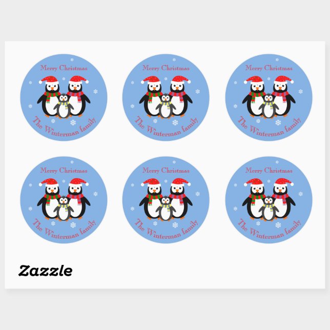 Cute christmas pengins editable text blue classic round sticker (Sheet)